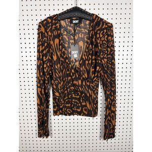 DKNY Women's Brown Animal Print V-Neck Faux Wrap Blouse Top Size XL